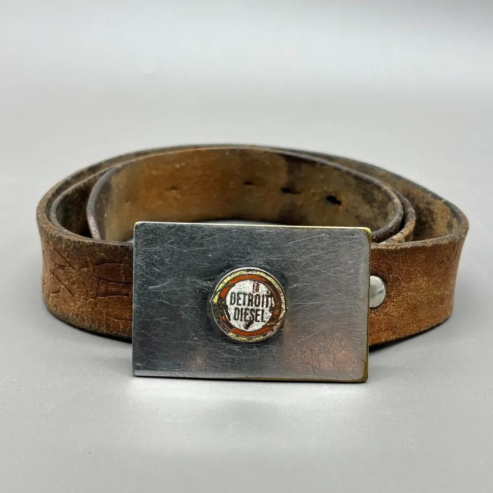 Vintage Detroit Diesel Logo Belt Buckle Leather Belt 1970s 80s Trucker Mechanic